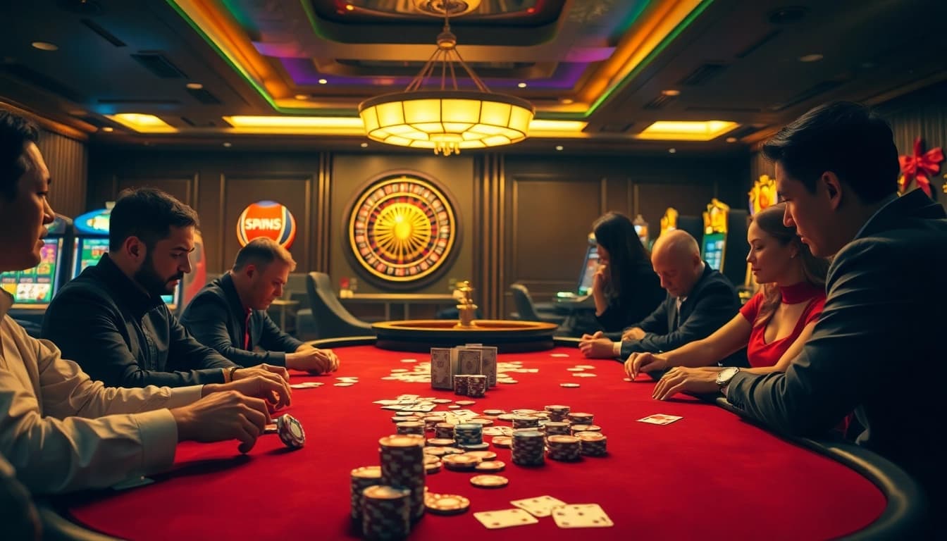 Xin88 casino scene showcasing intense poker game and elegant atmosphere with vibrant colors.