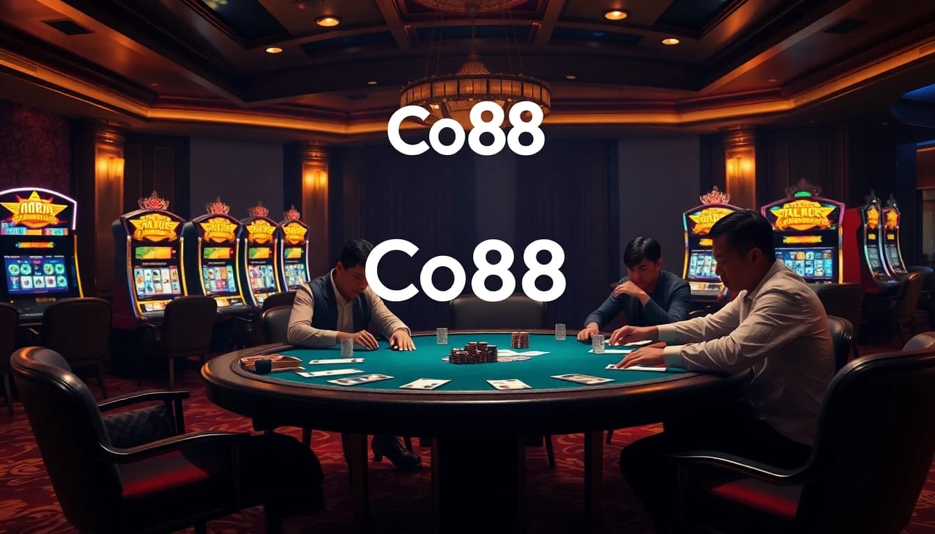 Players strategize at a Co88 poker table, immersed in a luxurious casino atmosphere.