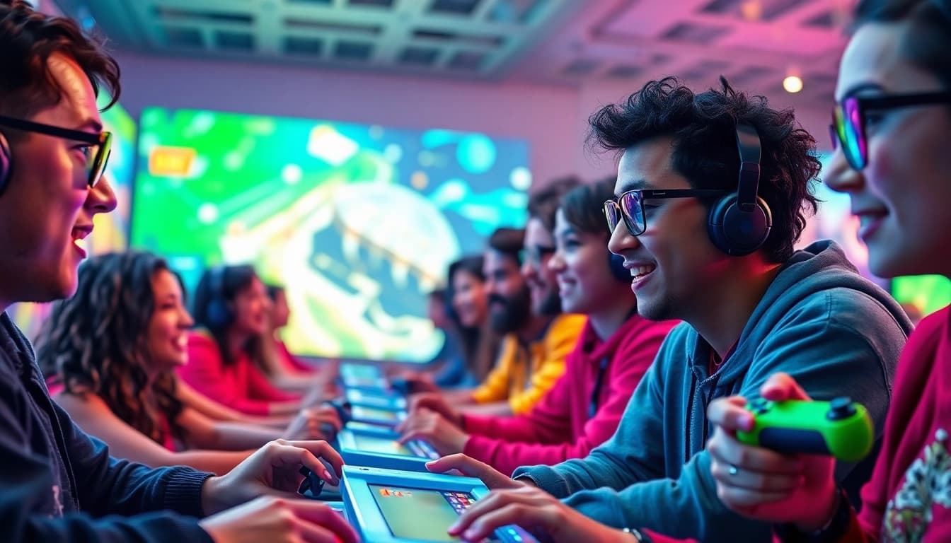 Jogadores se divertindo com higame em ambiente vibrante e colorido.