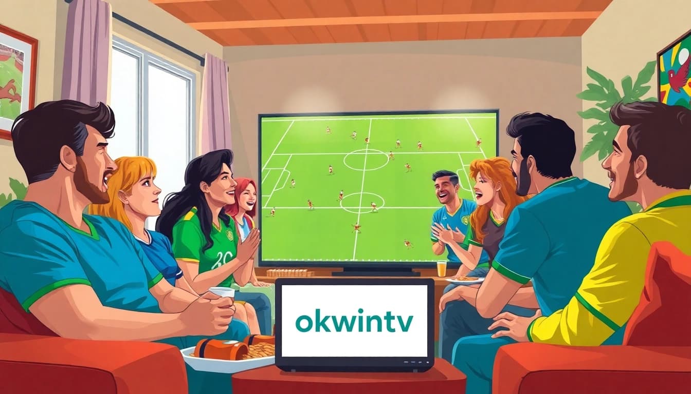 Excited fans enjoying a football match on OKWINTV in a lively living room.