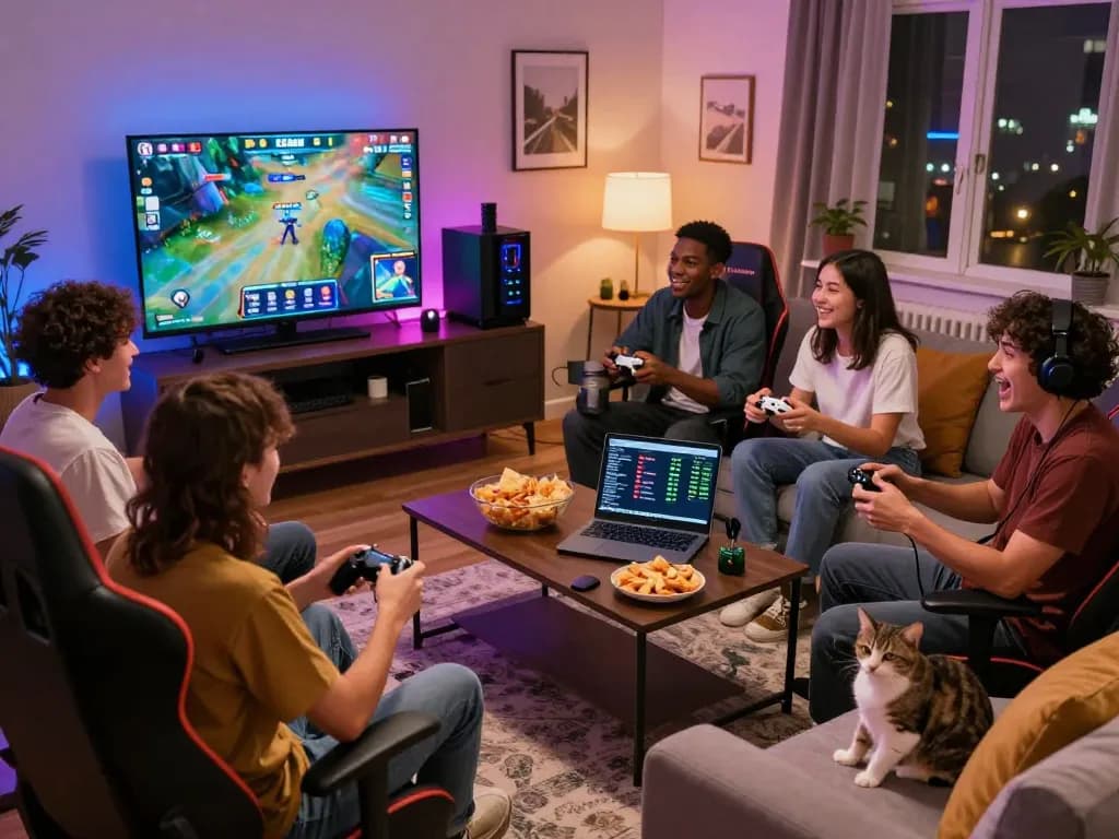 Friends enjoying an engaging gaming session with 32win, showcasing excitement and strategy.