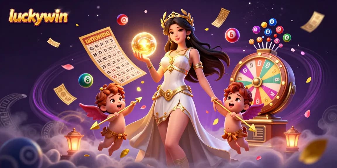 Experience the excitement of luckywin with dynamic casino elements and a captivating goddess illustration.