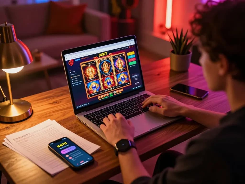 Pemain yang terlibat dengan slot online jus77 di laptop yang stylish selama sesi permainan