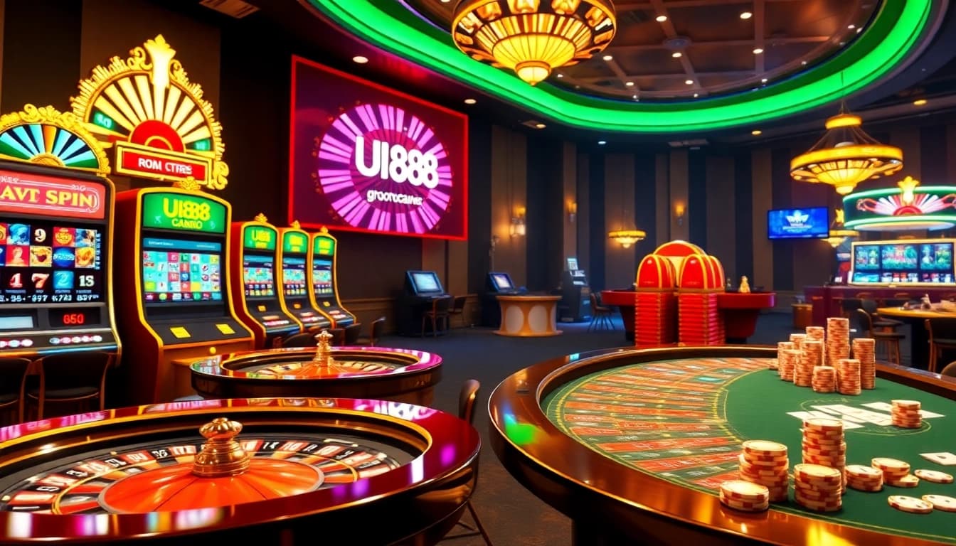 Experience the excitement of gaming with UU88's vibrant casino atmosphere featuring engaging slot machines and roulette wheels.
