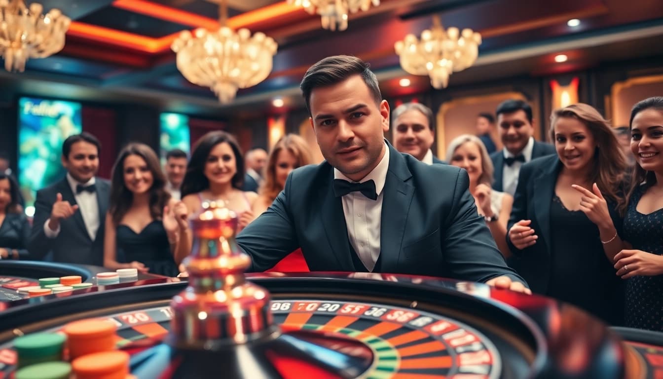 Engage in uvip娛樂 at a bustling casino with a professional dealer and vibrant roulette table.