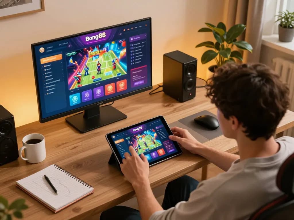Bong88 user playing exciting casino games on tablet in a cozy home office setup.
