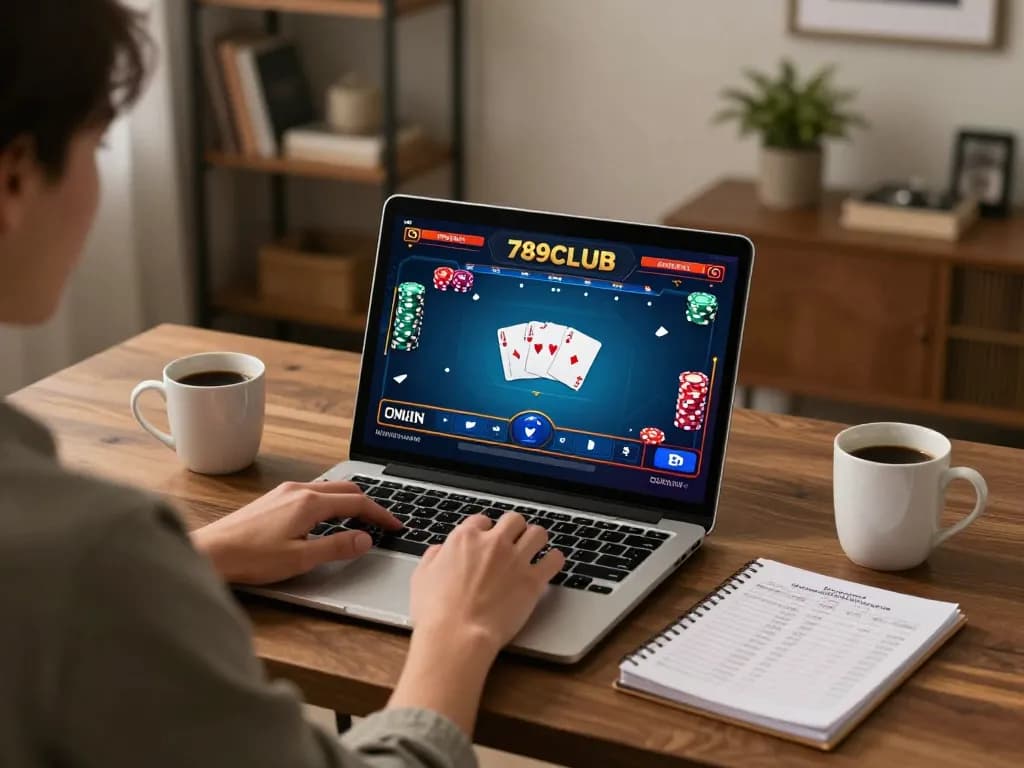Player engaging in online poker on 789CLUB platform, showcasing detailed game interface from their home office.