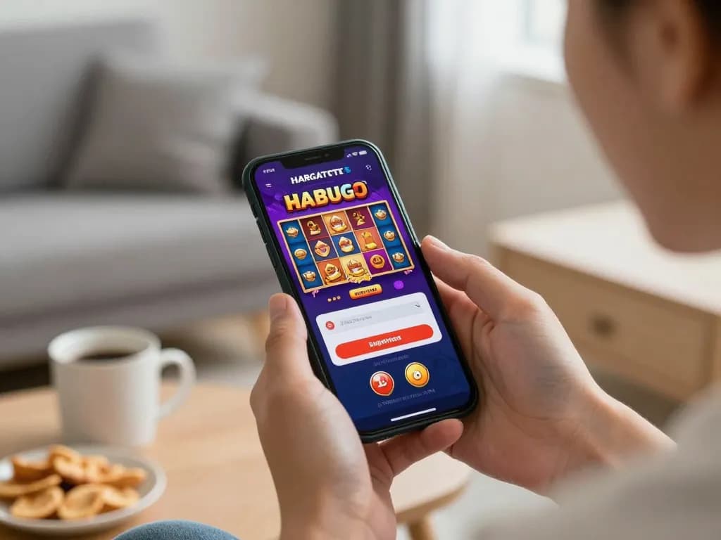 Layar login HARGATOTO ditampilkan di perangkat mobile dalam lingkungan permainan yang nyaman di rumah.