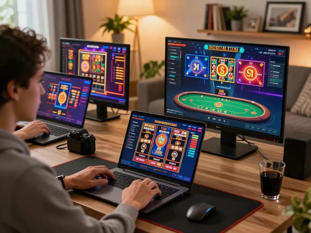 Engaged player using online casino 789 f platform on laptop surrounded by personal decor