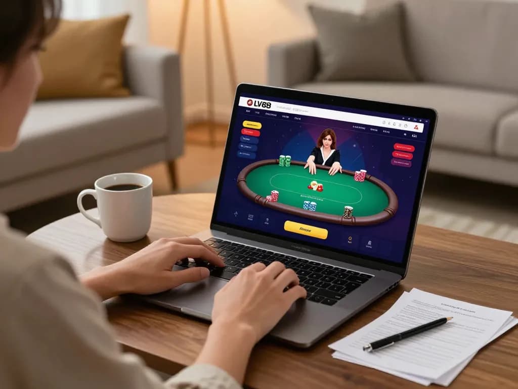 Engaged player using LV88 for online poker gaming at home