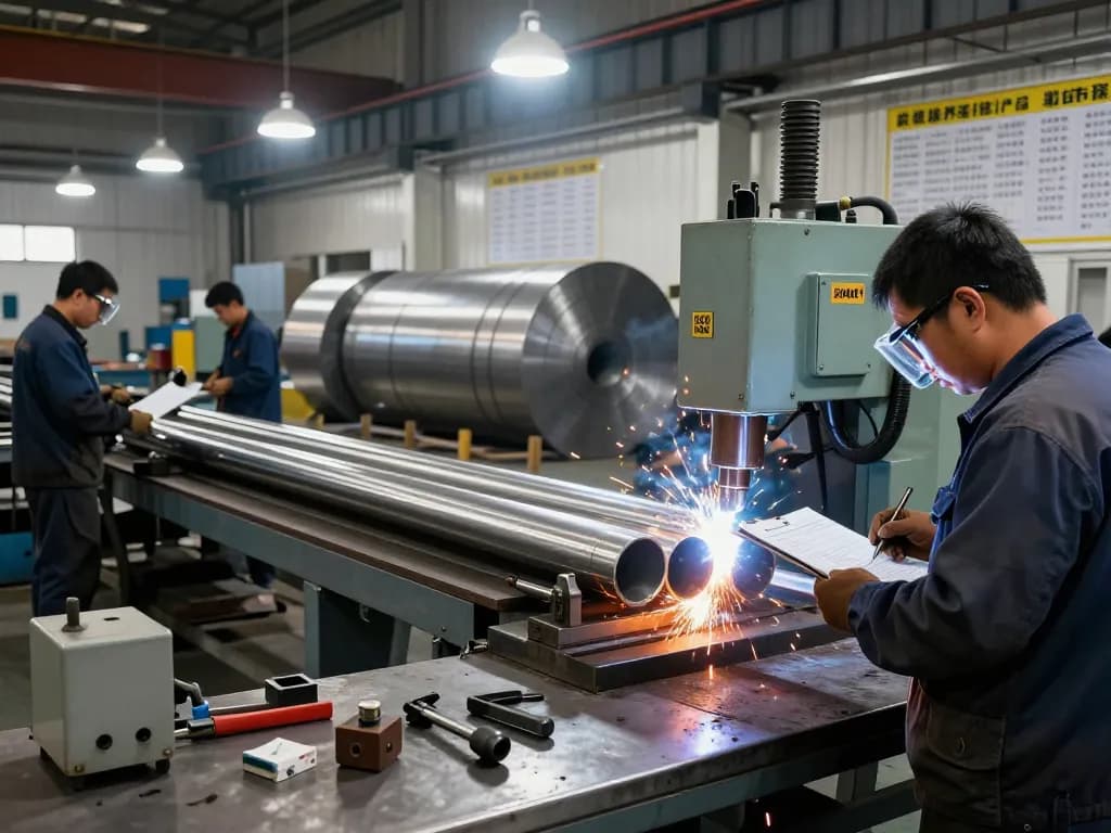 Workers assembling sumwin stainless steel pipes in a busy fabrication facility, showcasing precision and teamwork.