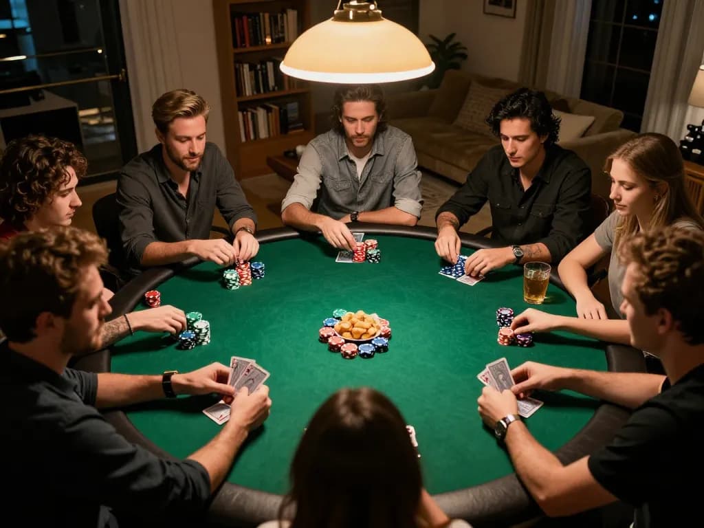 Engaged poker players enjoying a game at home with bdtk66, showcasing strategic moves and social interactions.