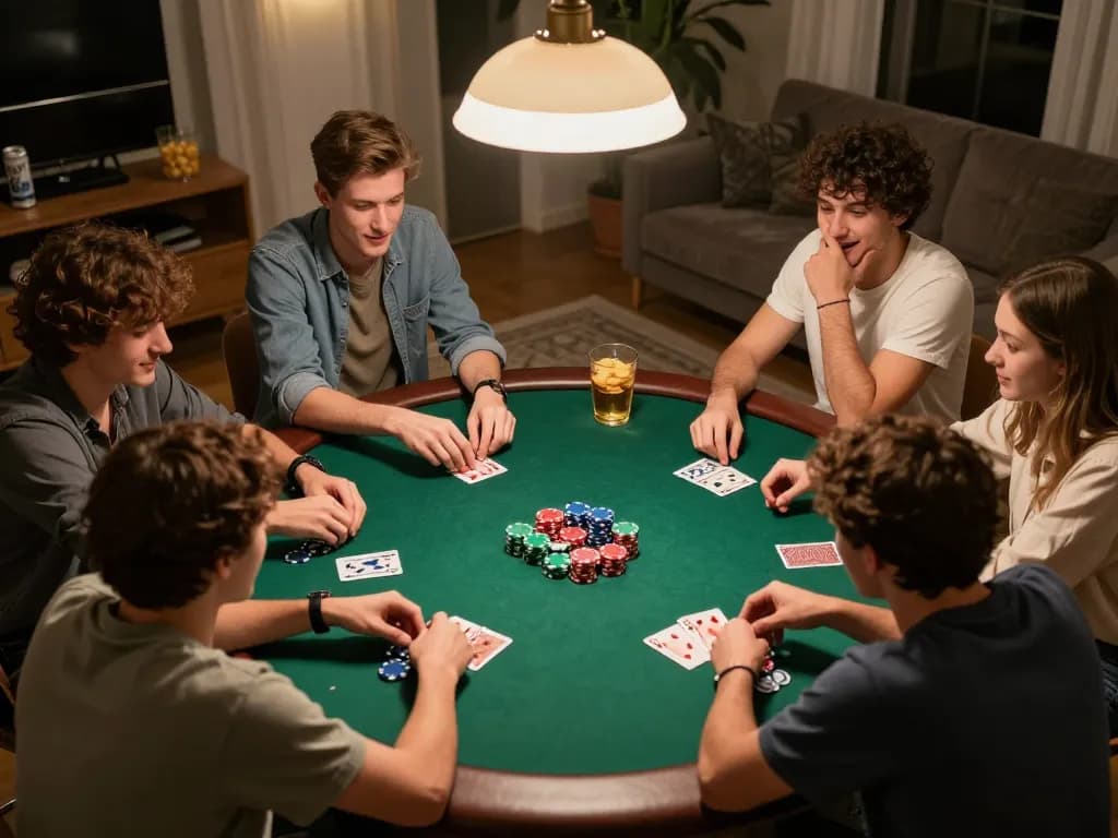 Friends enjoying poker night, showcasing house rules and strategies at nhà cái rr88.