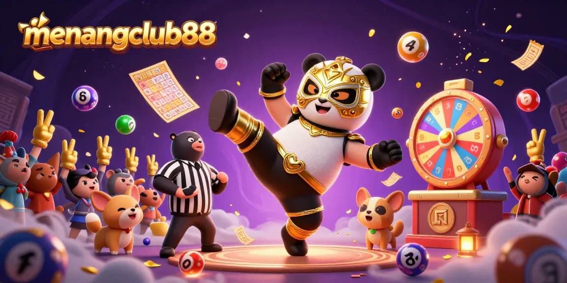 menangclub88 showcases a thrilling casino scene with a wrestling panda, vibrant lottery elements, and excited animal fans.
