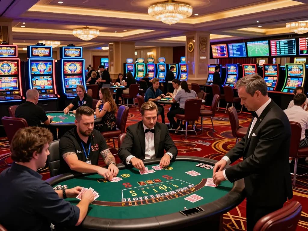 A lively casino scene showcasing players at poker tables and vibrant slot machines, highlighting LV88.com as a premier gaming destination.