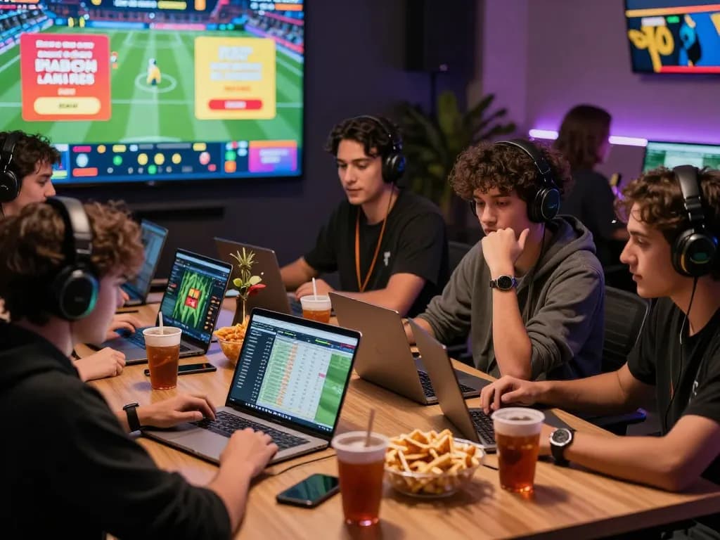 Friends betting online with debet on laptops and devices in vibrant gaming atmosphere.
