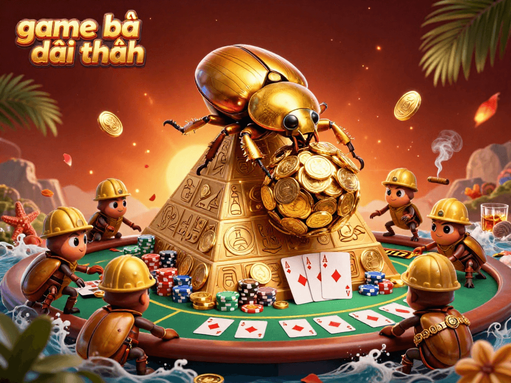 Experience thrilling game bài đổi thưởng with golden beetles rolling stacked coins at a vibrant casino scene.