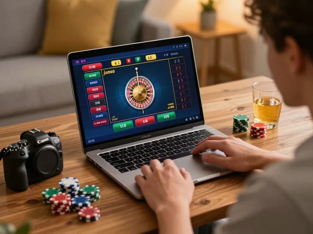 Player strategically betting on live dealer roulette at 258bet in a cozy home setting