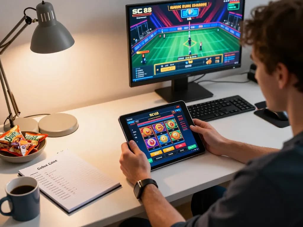 Player engaging with SC 88 online casino interface on tablet, showcasing responsible gaming in a cozy home setup.