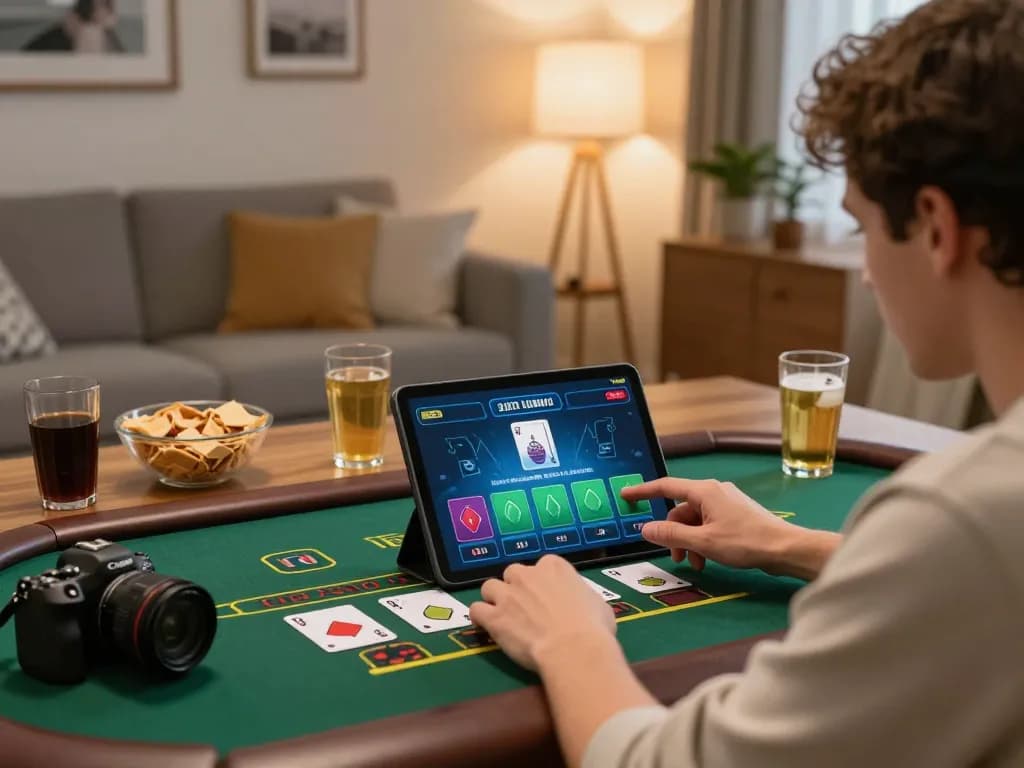 Player engaging in online blackjack at home through the 123bmvp app, showcasing a cozy environment.