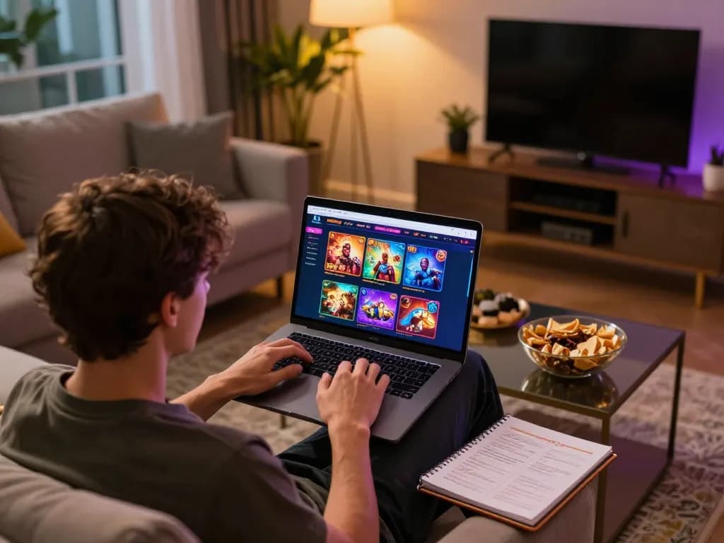 Person engaging with non UK licensed casinos on a laptop in a cozy living room setting.