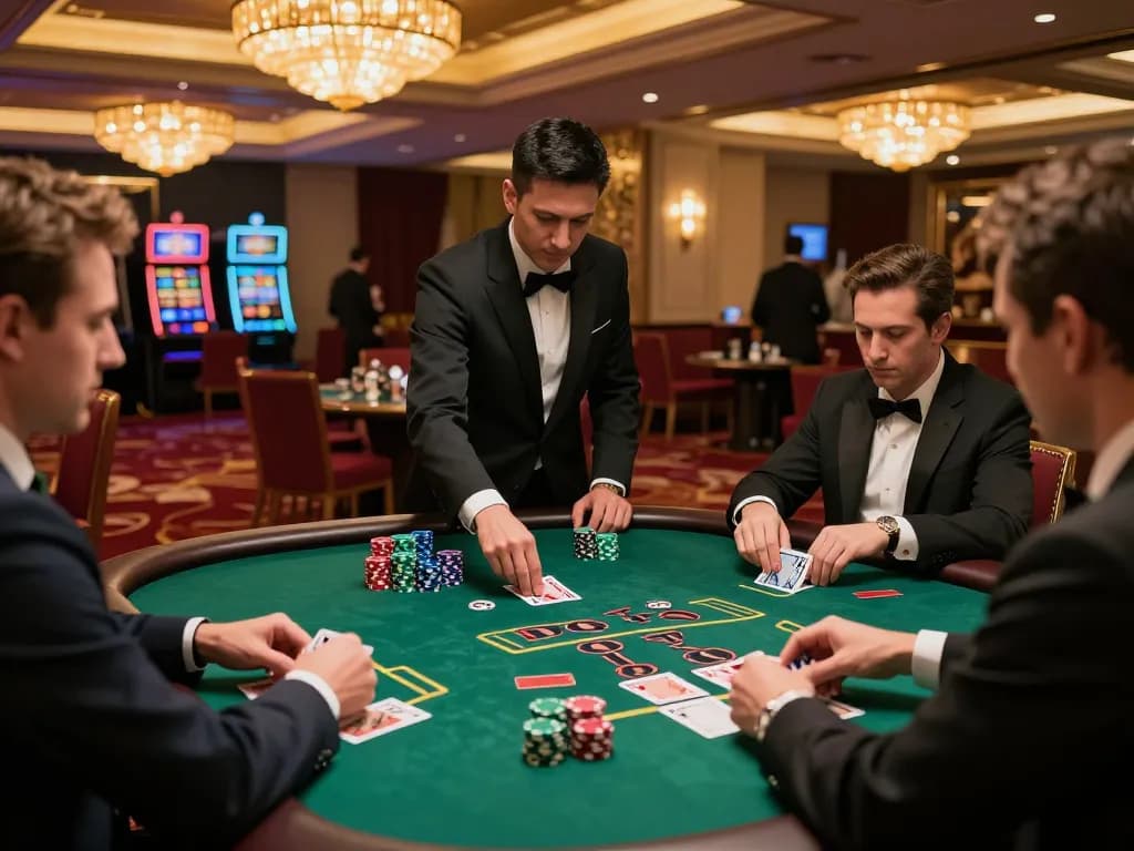 Players strategizing at a blackjack table during a thrilling game at https://vtr88.co/ with rich decor and warm lighting.