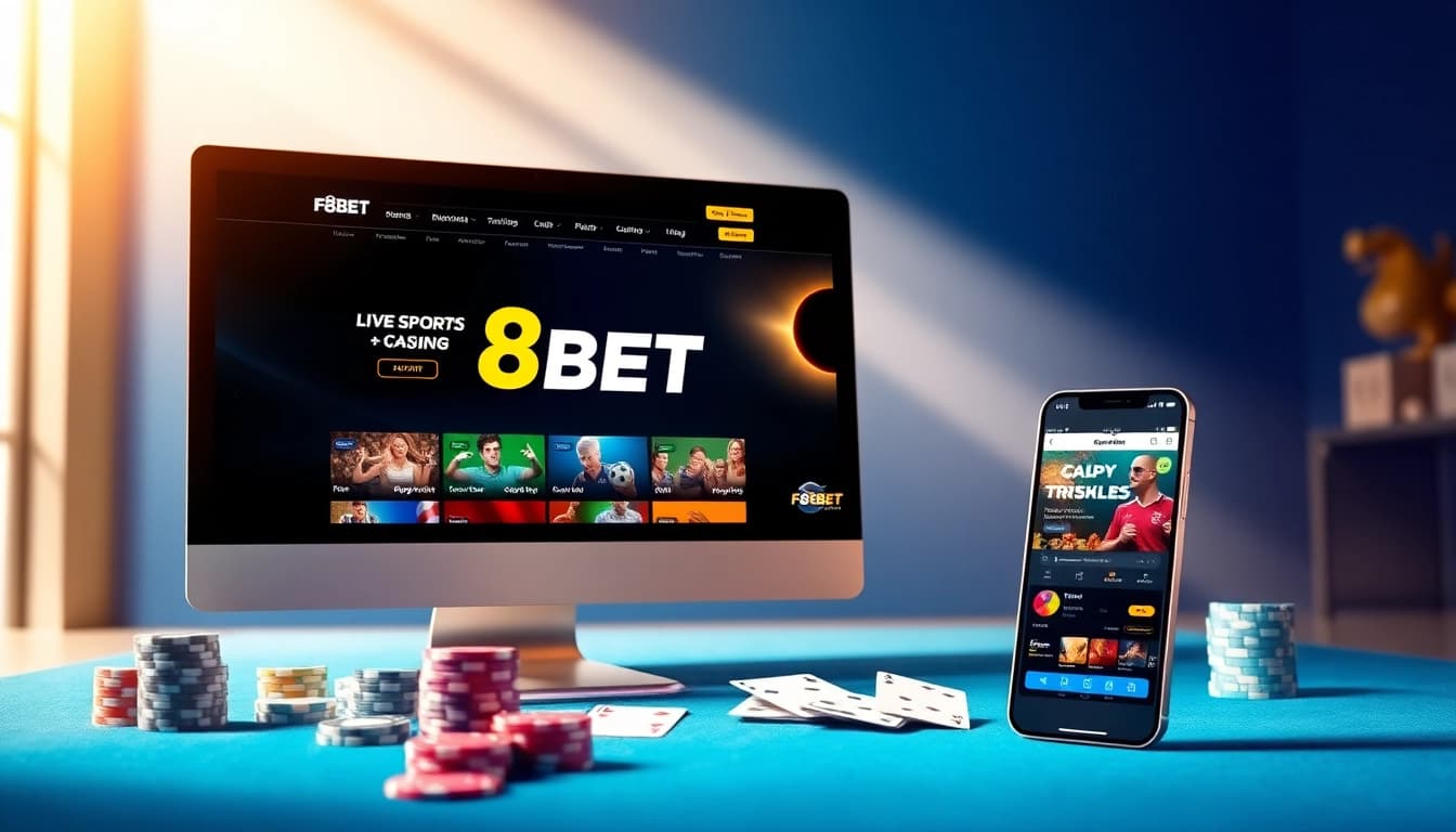 F8BET online betting platform with promotional displays and gaming elements