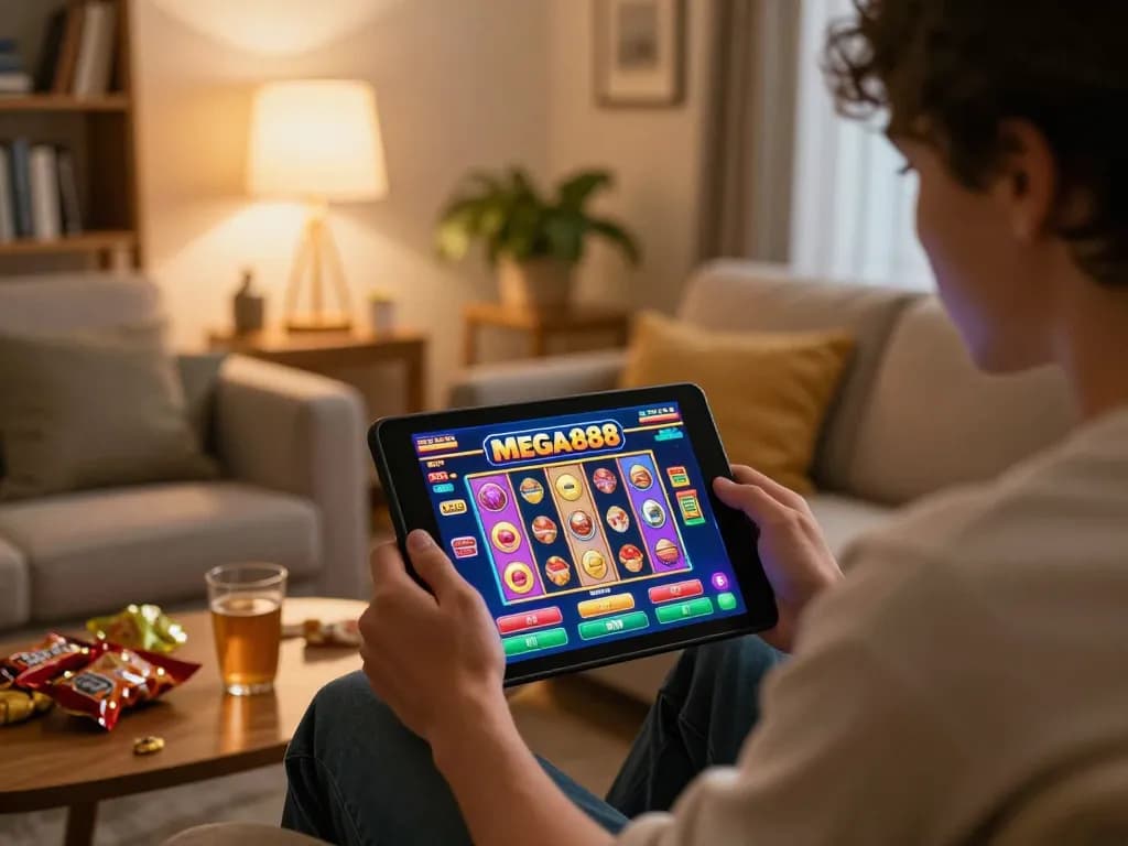 Engaging in MEGA888 gameplay on a tablet in a cozy home setting with snacks