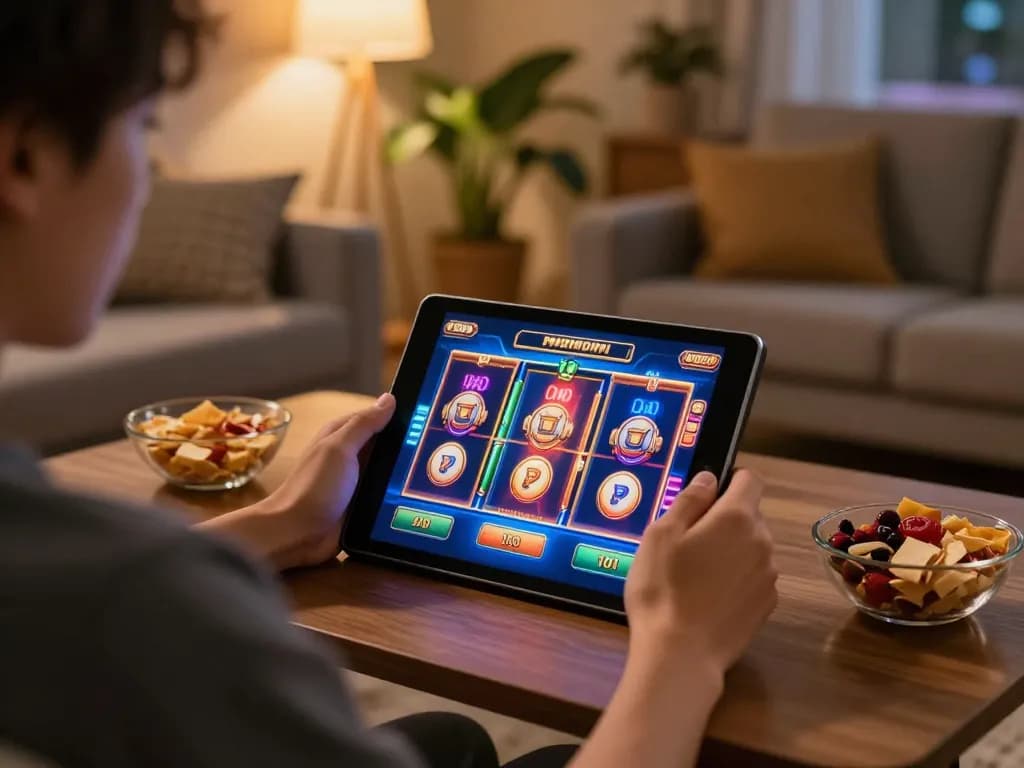 Engaging with slot online gameplay on a tablet in a cozy living room environment.