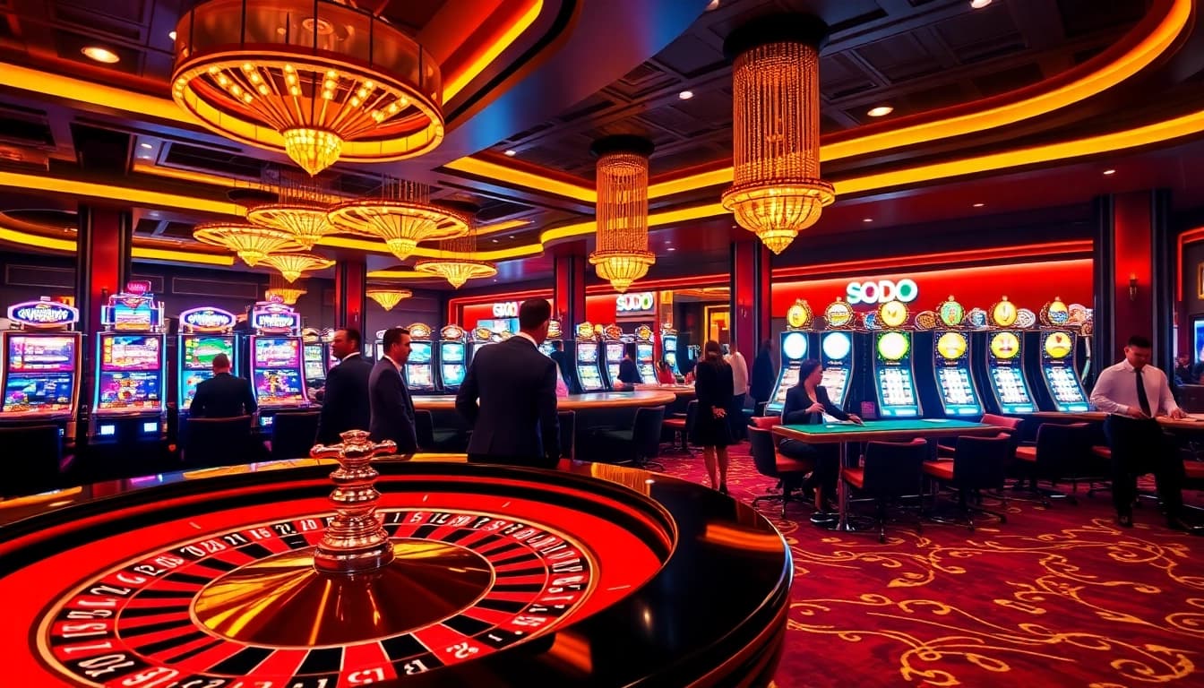 SODO CASINO engagement with players at a luxurious roulette table, showcasing excitement and professionalism.