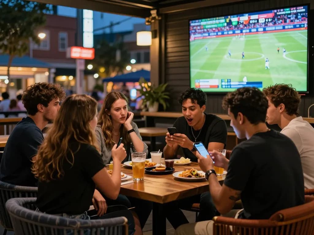 Friends enjoy a thrilling zbet sports betting experience at a lively urban bar