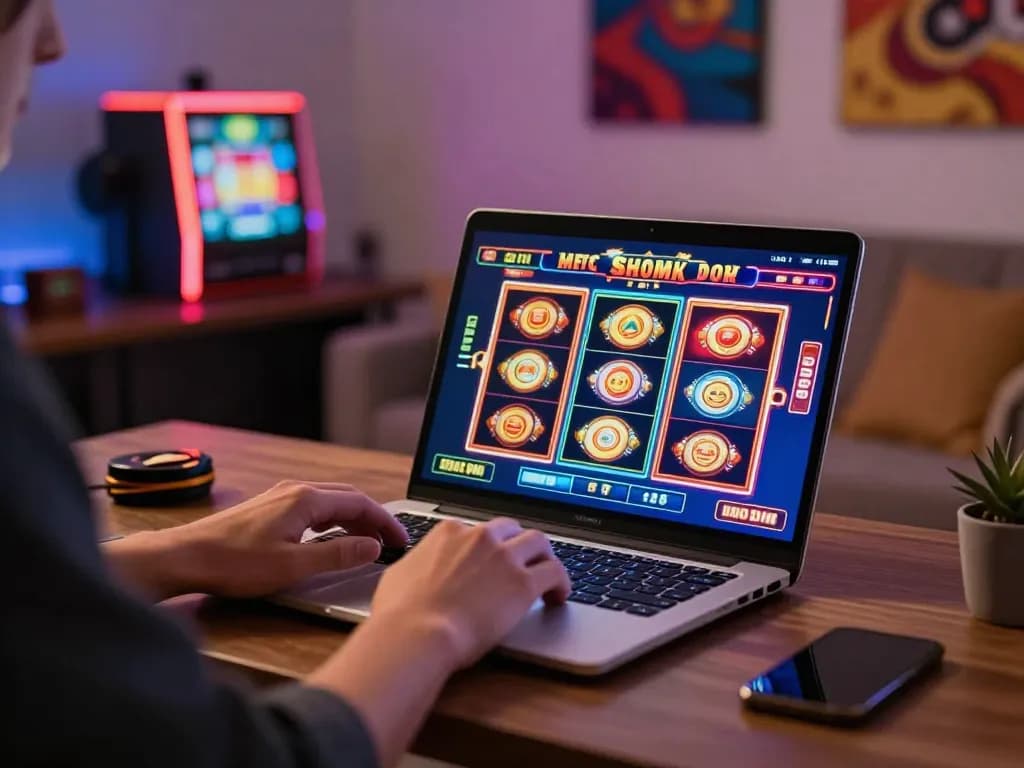 Enjoying online casino games at https://shbetac.co in a cozy home office setting with vibrant slot graphics.