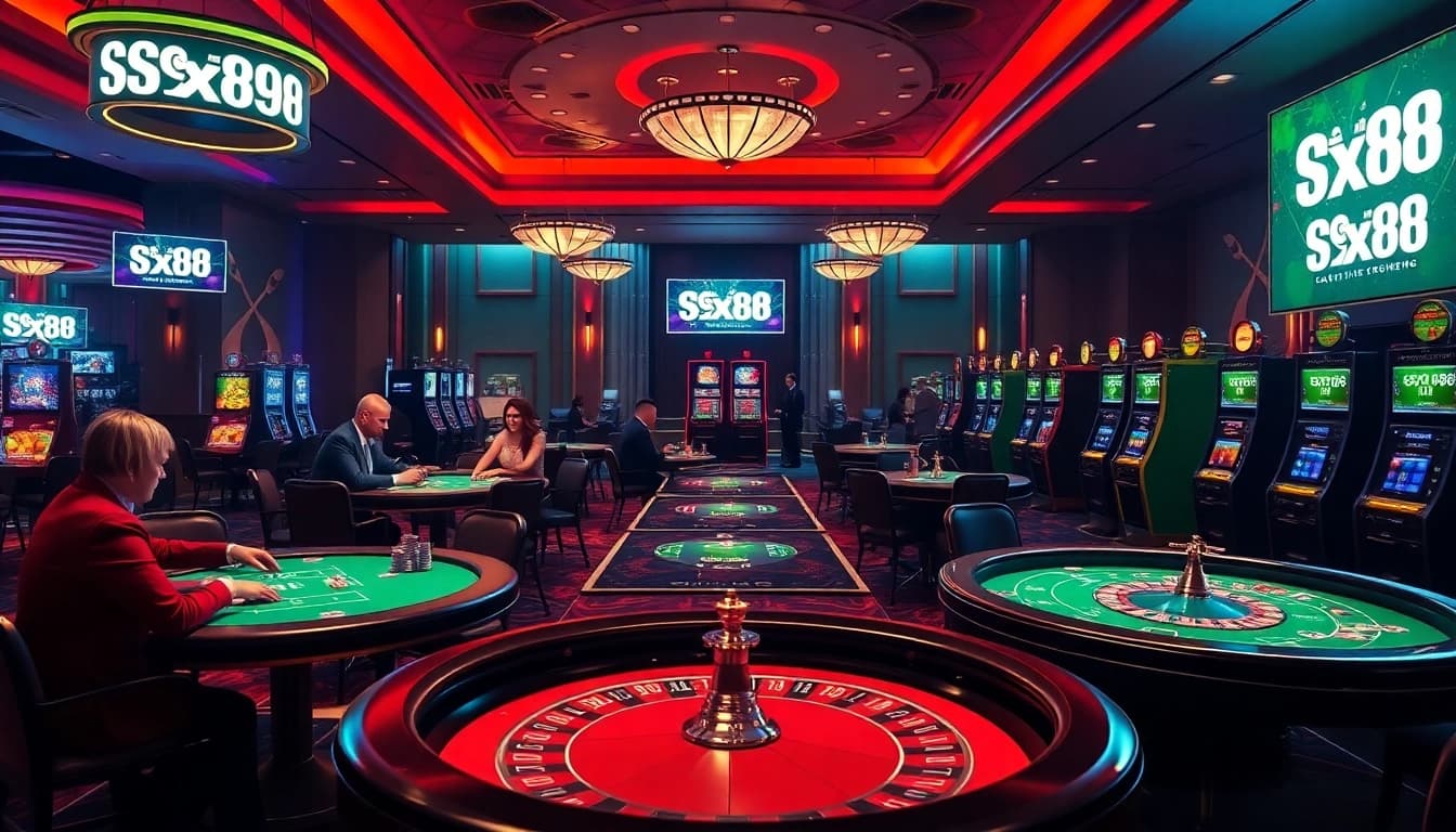SX88 casino players enjoy thrilling card games and vibrant slot machines in a luxurious setting.