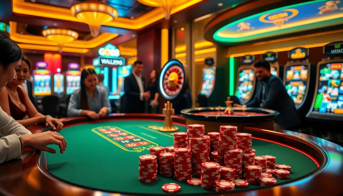 Go88 gaming table filled with vibrant poker chips and exciting slot machines for an electric gambling experience.