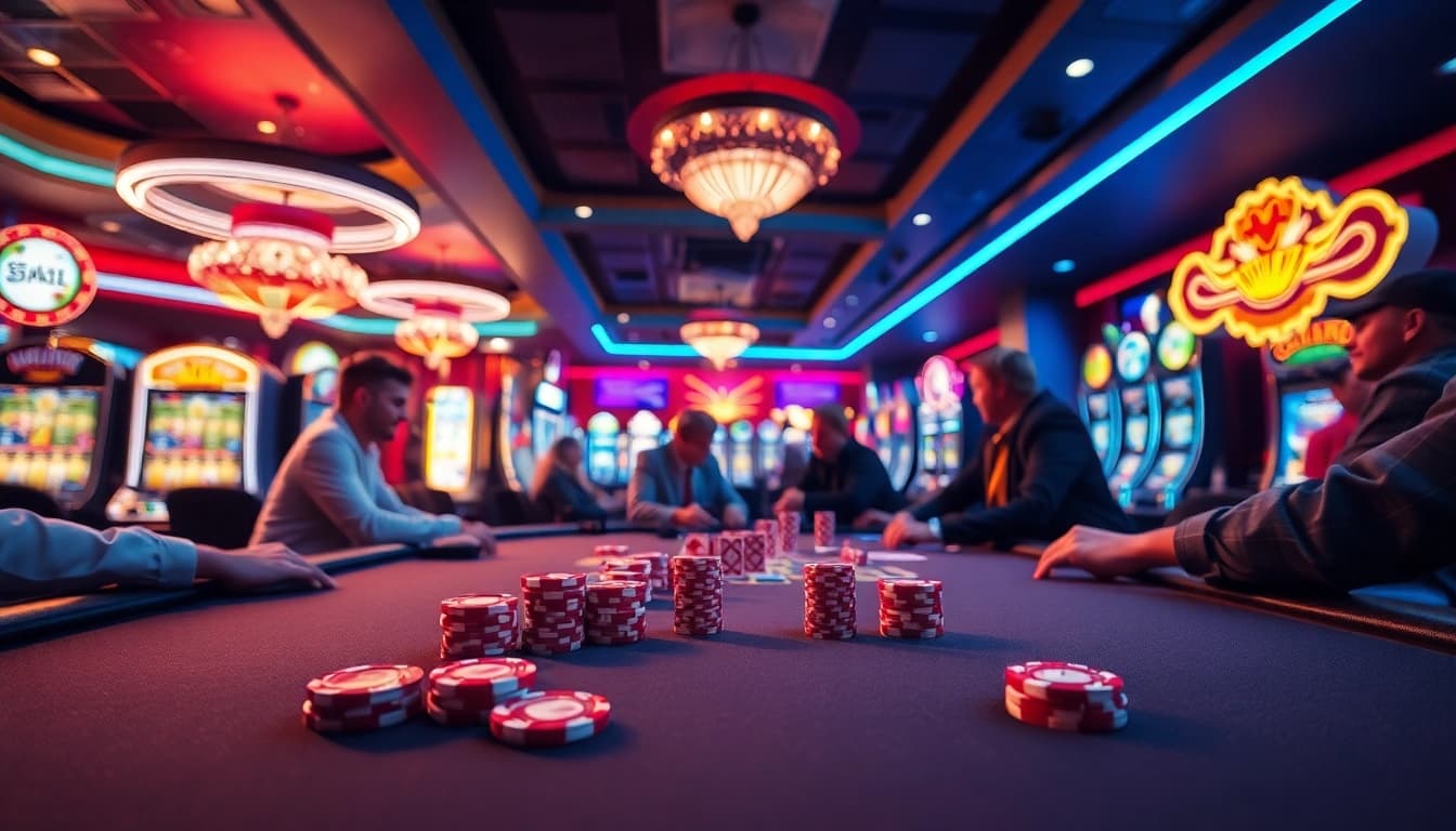 Spannende Atmosphäre beim casino spielen an einem Poker-Tisch mit Spielern und bunten Casino-Motiven.