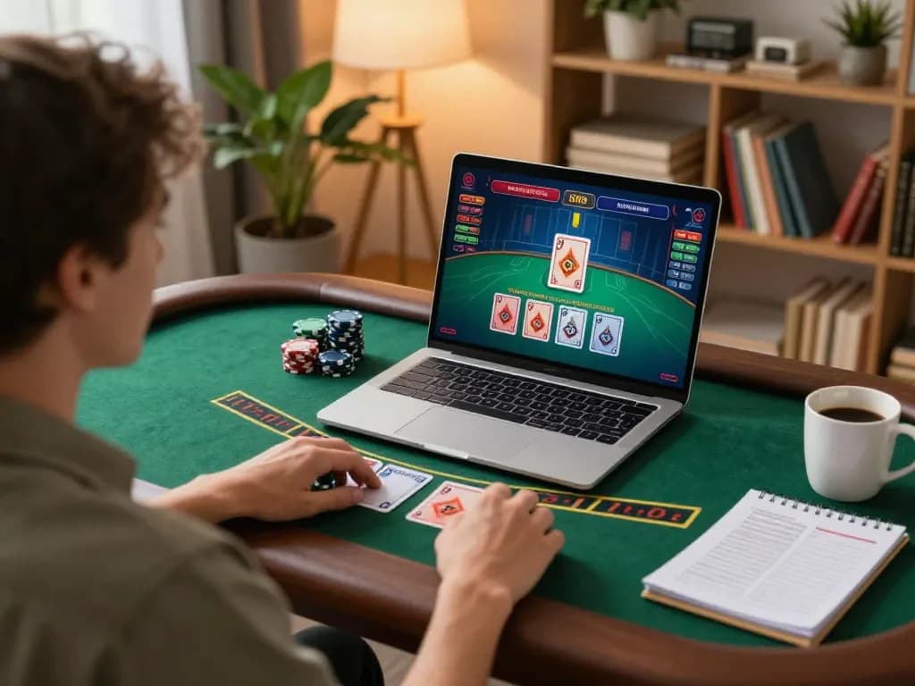 Player enjoying tip88 online gaming with a live dealer at home, showcasing strategy and engagement.