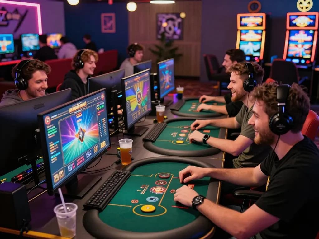 Onbet online gaming scene with players enjoying poker and slot games, vibrant atmosphere.