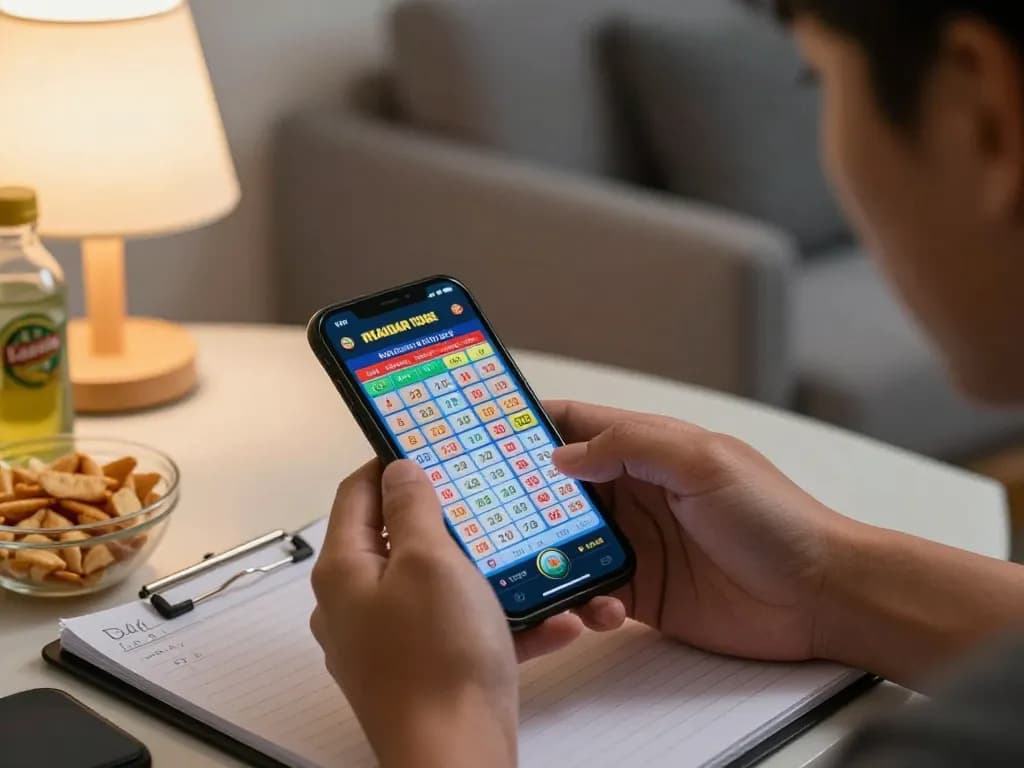 Engaged player using smartphone for bandar togel showcasing excitement and strategy at home