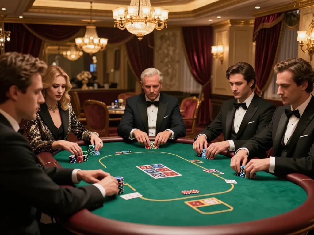 High-stakes poker gameplay at https://tr88k.com/, showcasing glamorous players and colorful chips in a luxurious casino setting.
