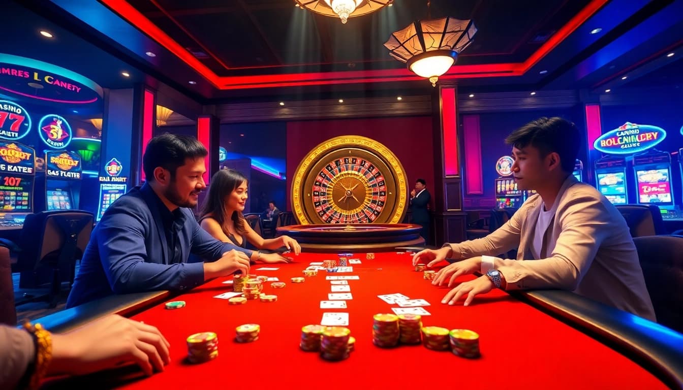 Gamblers enjoy poker at a vibrant casino table, capturing the essence of excitement at https://tx88.green/.