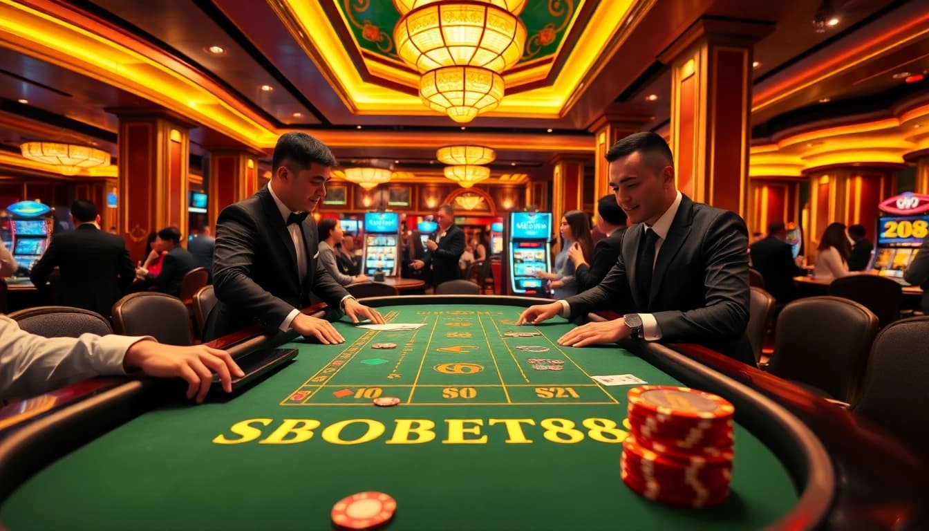 Bermain di meja kasino dengan SBOBET88, penuh energi dan suasana mewah.