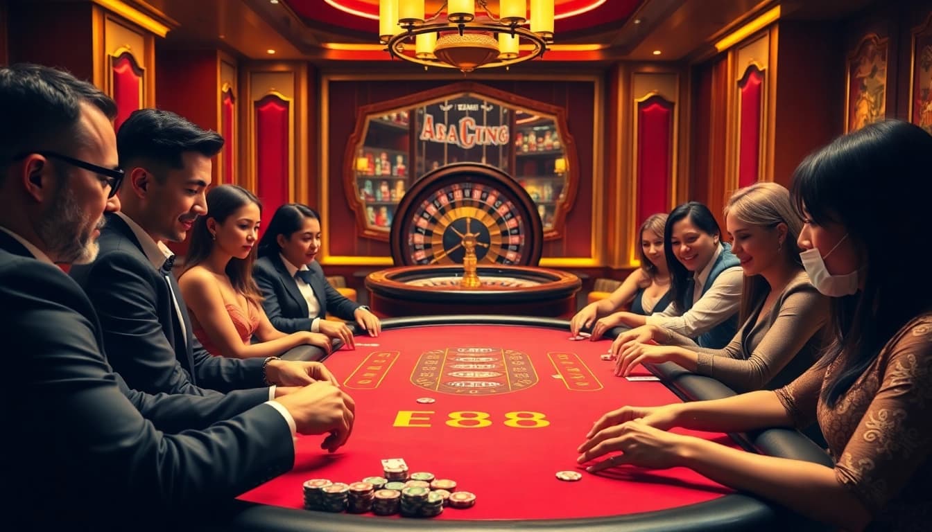 Players enjoy an exciting poker game at the EE88 casino table, showcasing vibrant gambling energy.