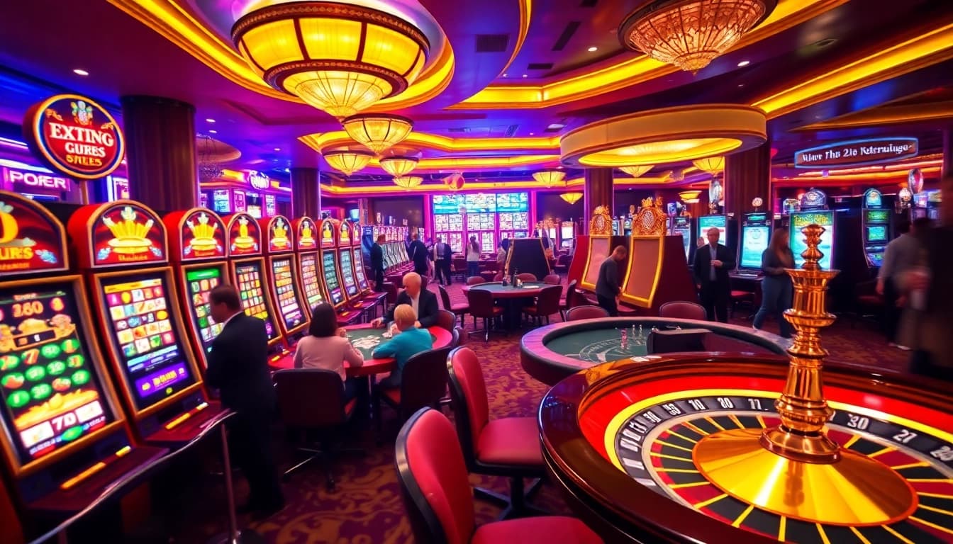 Players enjoying thrilling moments at 23win's vibrant casino with exciting slot machines and poker tables.