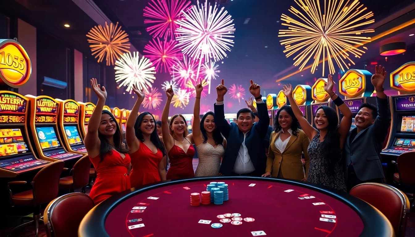 Explosion of a prize-winning lottery celebrated with a vibrant casino gathering and fireworks.