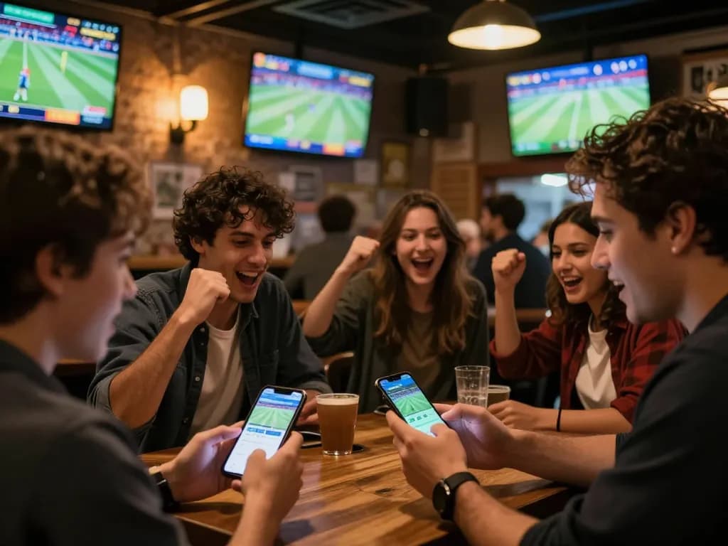 Kèo nhà cái hôm nay being reviewed on smartphone by sports betting enthusiasts at a lively sports bar