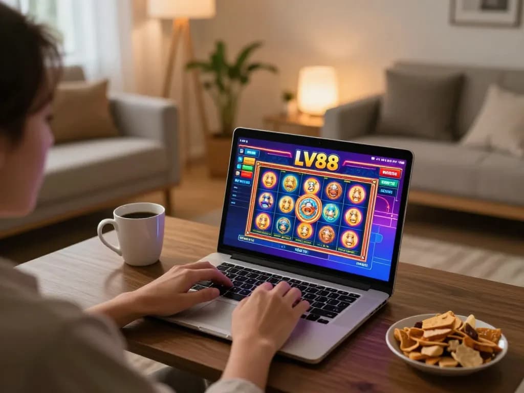 Player enjoying LV88 online casino games on a laptop in a cozy bedroom setting.