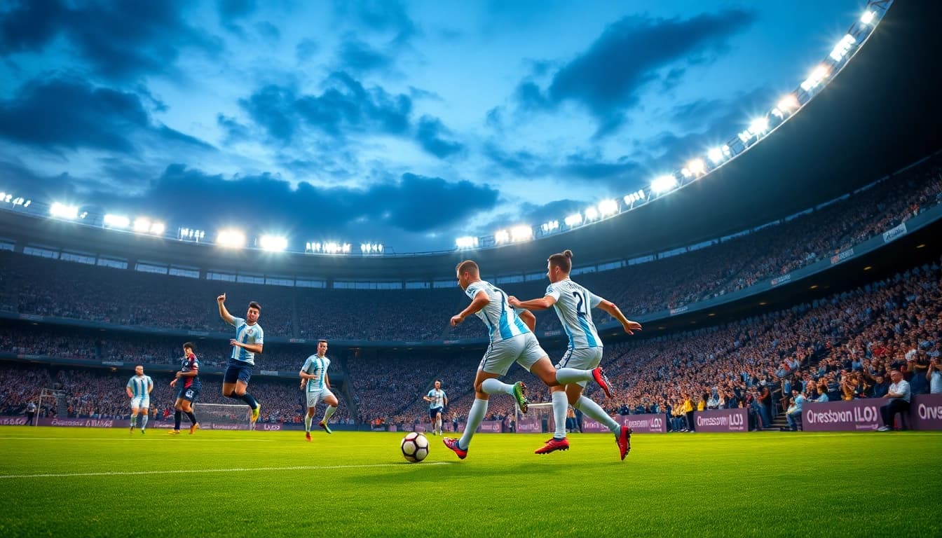 Dynamic moment from giải vô địch quốc gia argentina featuring passionate players and cheering fans in a vibrant stadium.