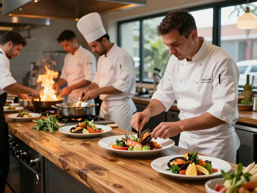 Experience the culinary artistry at https://www.theshackok.com/ with chefs preparing fresh seafood dishes in a vibrant kitchen.