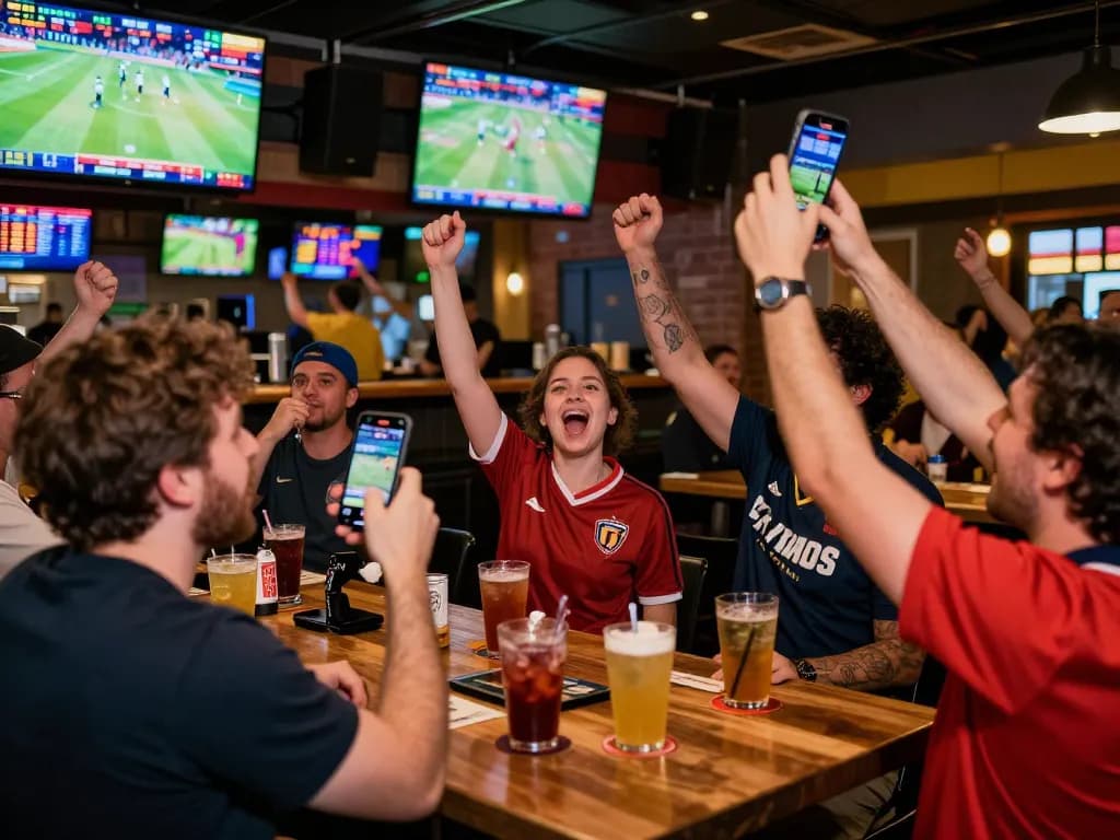Engaged sports fans analyzing tỷ lệ kèo nhà cái 5 while cheering in a lively bar betting environment