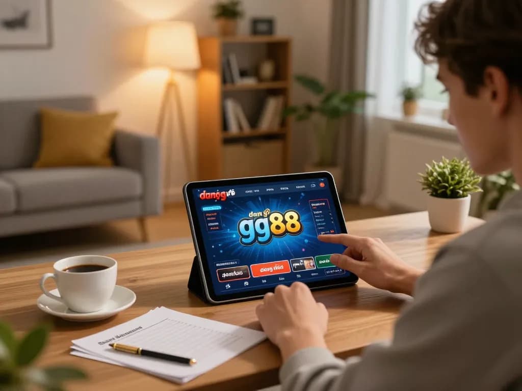 Engaging in đăng ký gg88 online casino setup, showing tablet gaming, warm and inviting home atmosphere.